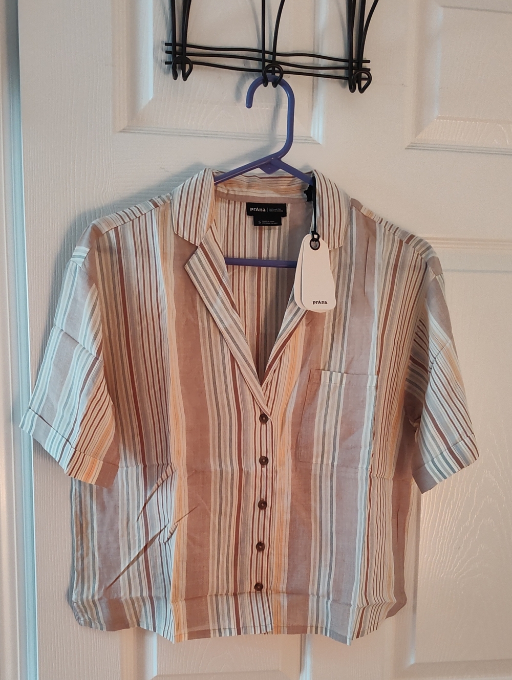 Prana Short Sleeve Striped Button-Up Shirt in Beige and Cream